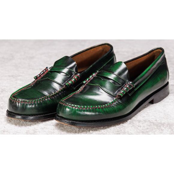 Bass Weejuns Green Black Leather Penny Loafers Contrast Stitching Mens Size 9 - Picture 11 of 16